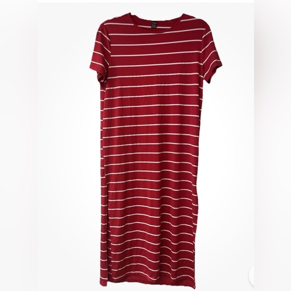 Red/White MIDI T-Shirt Dress Slits Stretch Size M work, travel - Picture 2 of 9